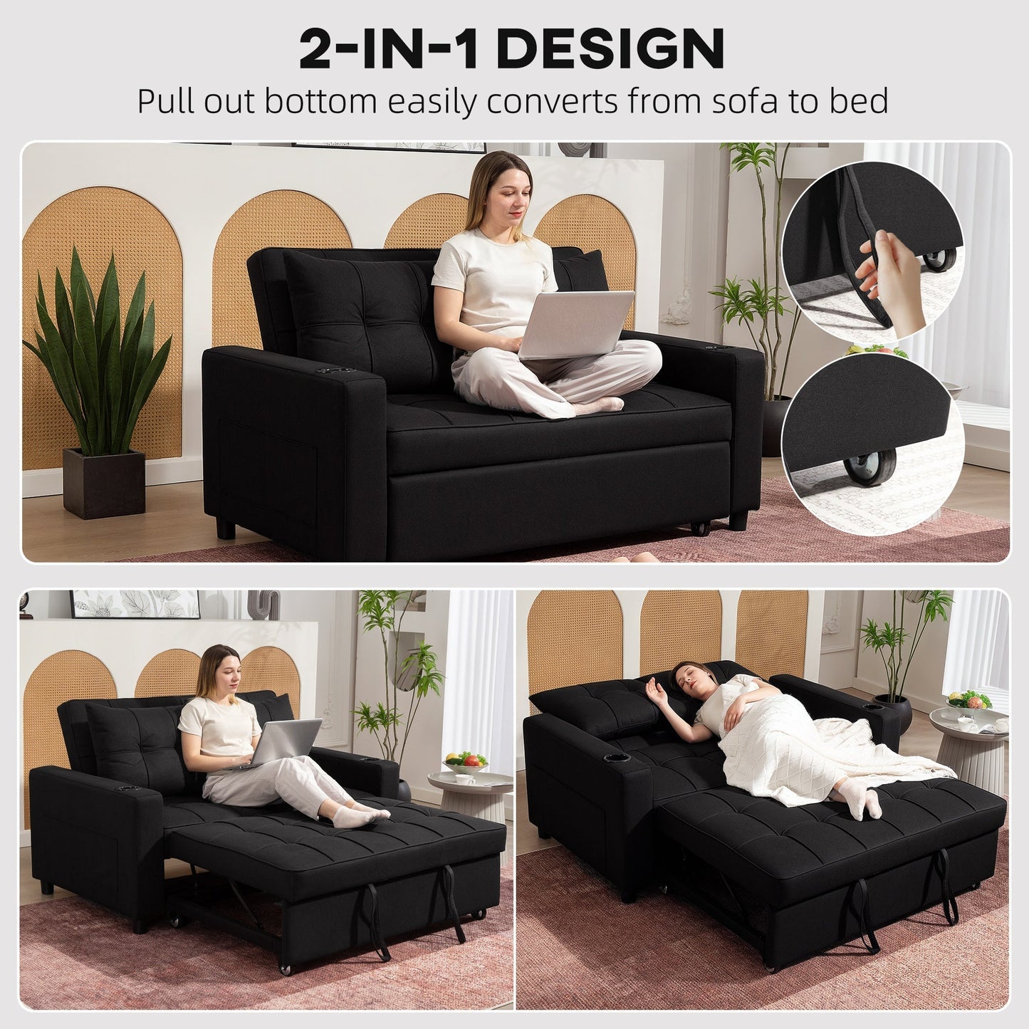 HOMCOM Two-Seater Pull-Out Sofa Bed - Black