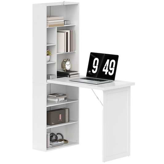 HOMCOM Fold Out Desk 98cm With Storage And Writing Board For Small Home Offices Space Saving White