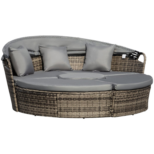 Outsunny Outdoor PE Rattan Garden Furniture with Cushioned, Patio Wicker Conversation Furniture Set, Round Daybed with Retractable Canopy, Coffee Table and Three Pillows, Dark Grey/Grey