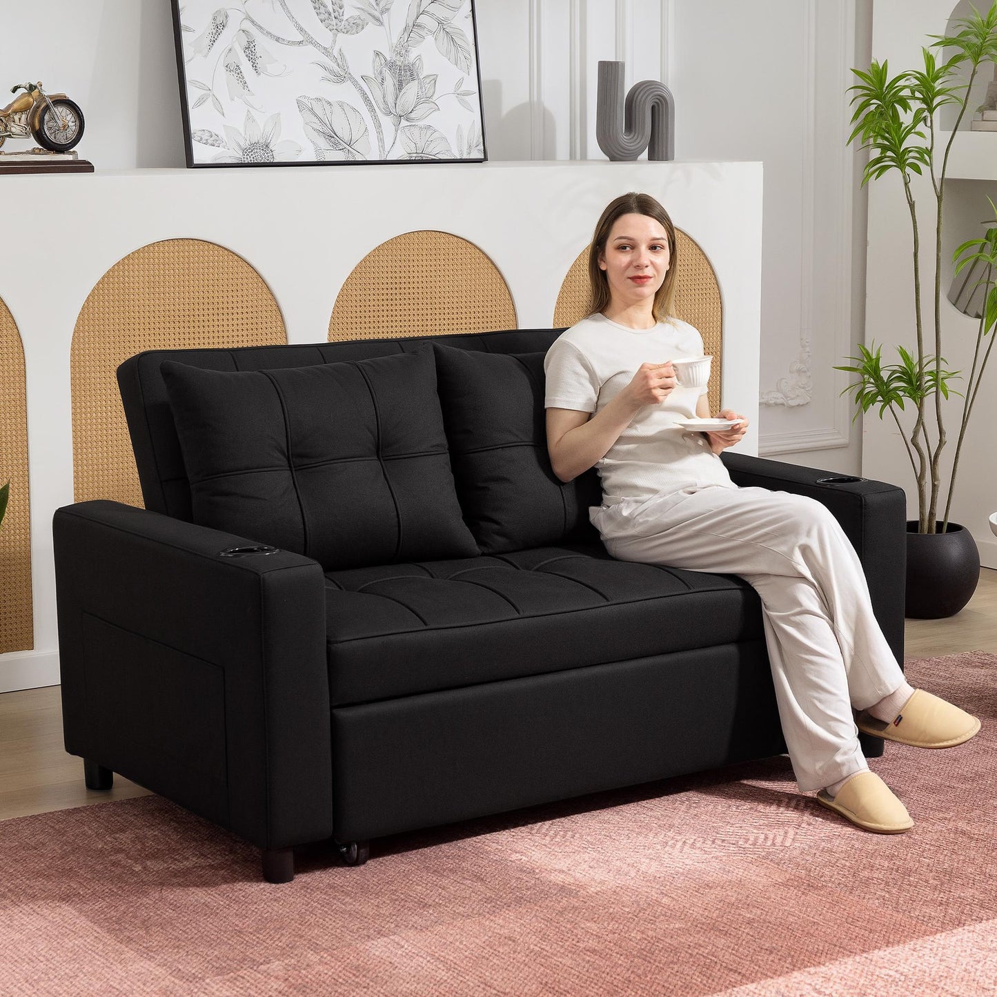 HOMCOM Two-Seater Pull-Out Sofa Bed - Black