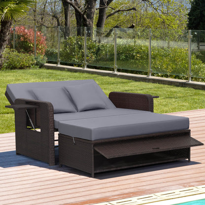 Patio Wicker Loveseat Sofa with Multipurpose Ottoman and Retractable Side Tray-Grey