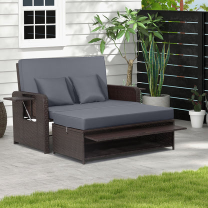 Patio Wicker Loveseat Sofa with Multipurpose Ottoman and Retractable Side Tray-Grey