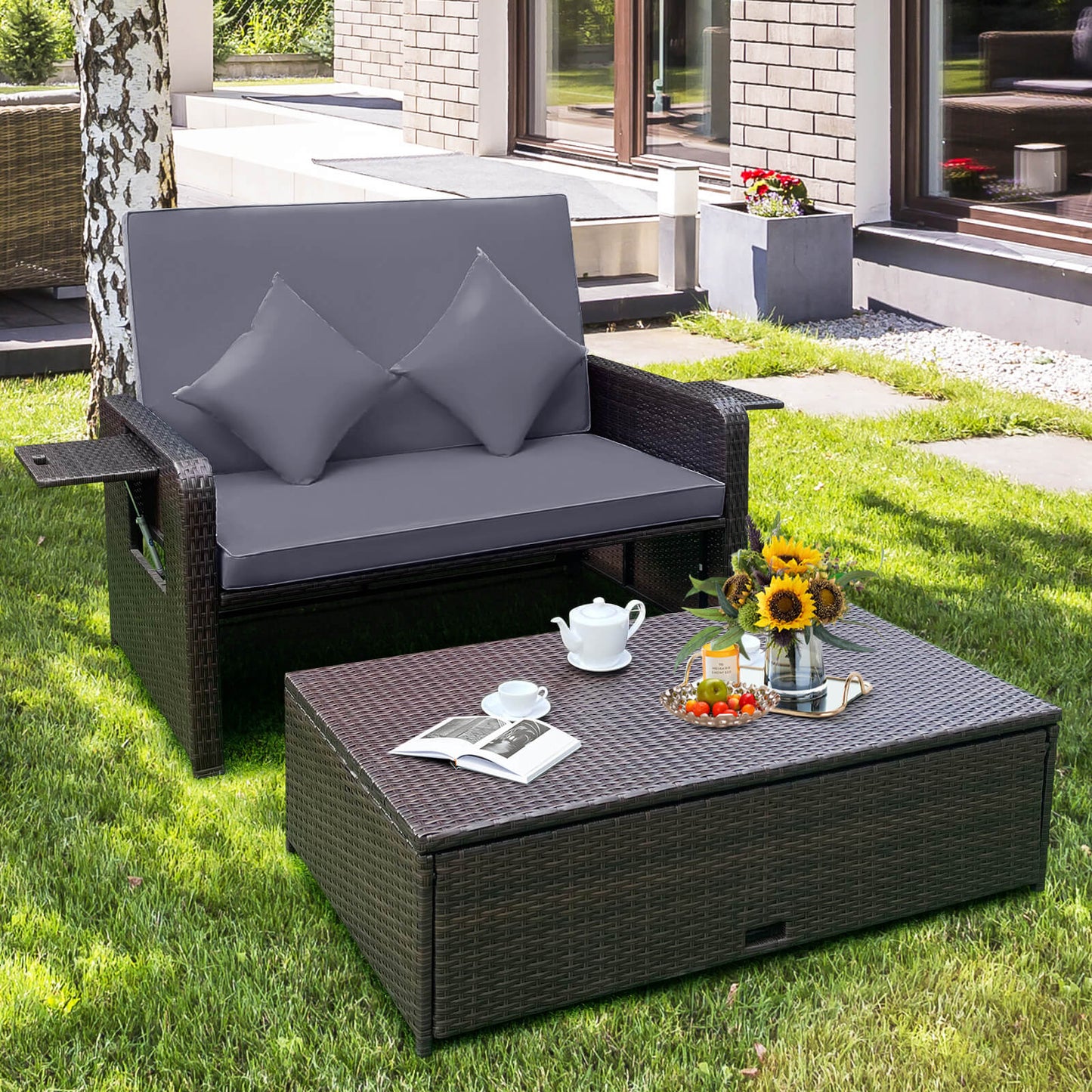 Patio Wicker Loveseat Sofa with Multipurpose Ottoman and Retractable Side Tray-Grey