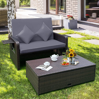 Patio Wicker Loveseat Sofa with Multipurpose Ottoman and Retractable Side Tray-Grey
