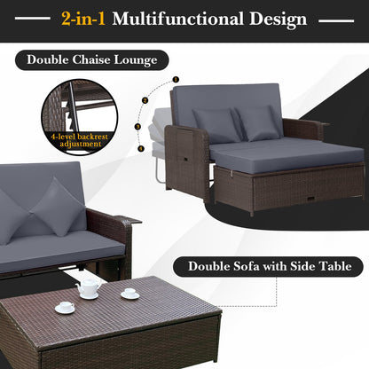 Patio Wicker Loveseat Sofa with Multipurpose Ottoman and Retractable Side Tray-Grey