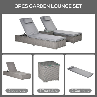 Outsunny 3 Pieces Rattan Sun Lounger Set with Aluminium Frame, 5-Position Adjustable Reclining Garden Chairs and Glass Top Table, Wicker Garden Furniture Daybed with Cushions for Patio, Grey