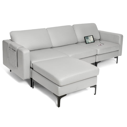 Modular L-shaped Sofa with Chaise, Reversible Ottoman, Built-in Socket-Light Grey