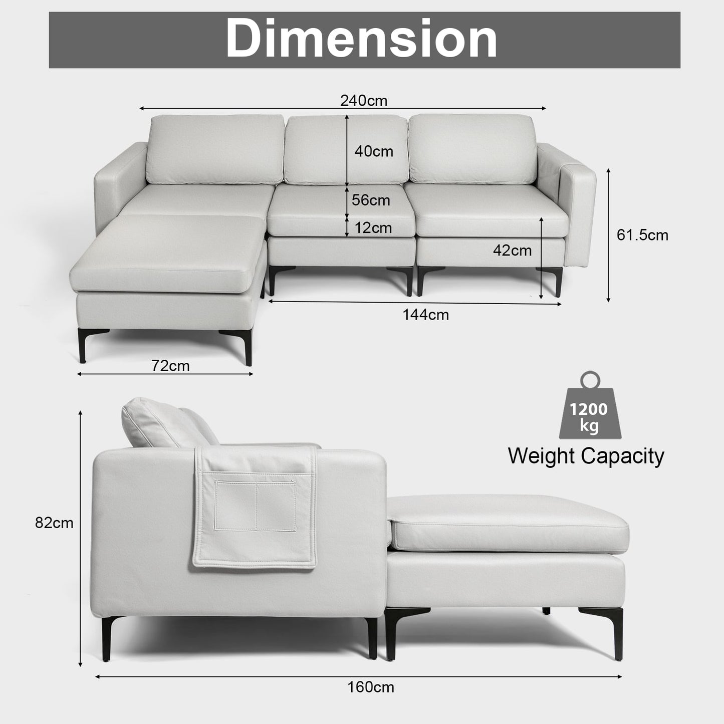 Modular L-shaped Sofa with Chaise, Reversible Ottoman, Built-in Socket-Light Grey