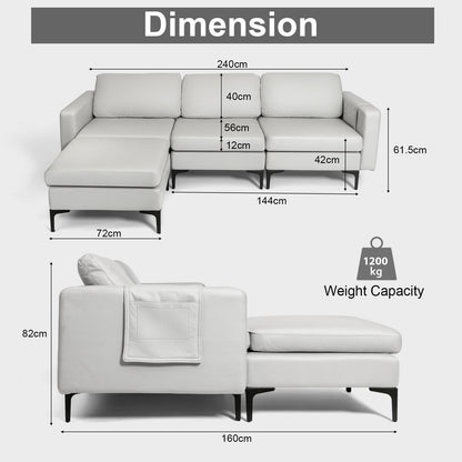 Modular L-shaped Sofa with Chaise, Reversible Ottoman, Built-in Socket-Light Grey
