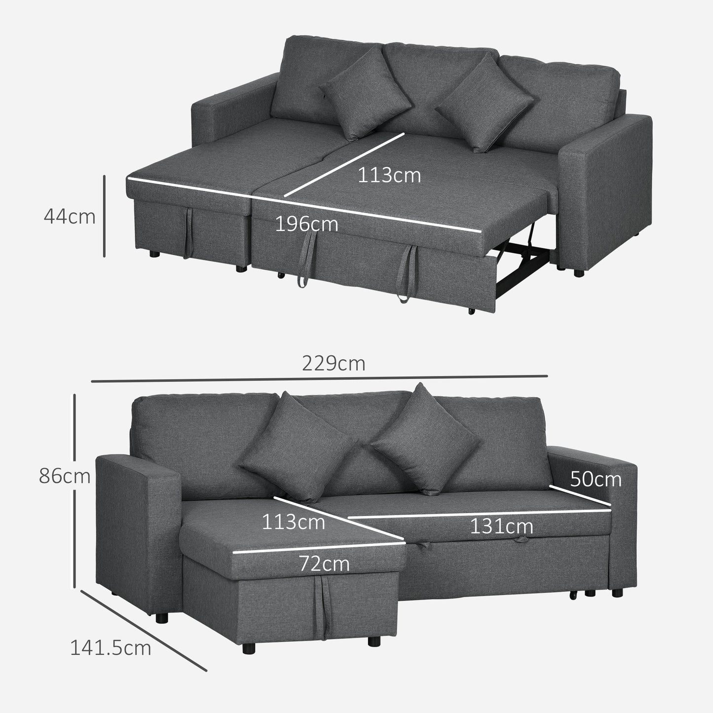 HOMCOM 3 Seater Sofa Bed with Storage, Pre-Assembled & Delivered to Your Home for Free, Dark Grey