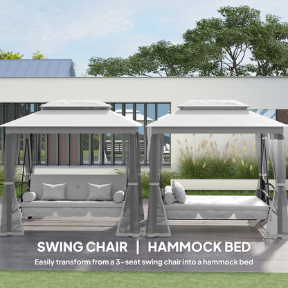 Outsunny 3 Seater Convertible Swing Chair, Outdoor Gazebo Swing Seat Bed with Double Tier Canopy, Cushioned Seat, Mesh Sidewalls, Light Grey