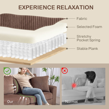 HOMCOM Modern 3 Seater Sofa with Spring Cushion, 212 cm Fabric Jumbo Cord Sofa Couch with 2 Scatter Cushions, Upholstered Corduroy Settee for Living Room, Bedroom, Home Office, Coffee