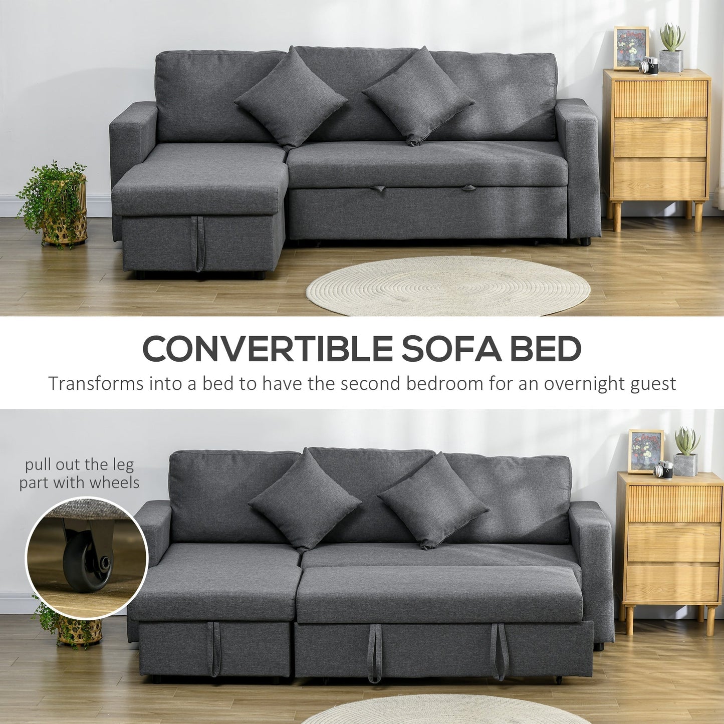 HOMCOM 3 Seater Sofa Bed with Storage, Pre-Assembled & Delivered to Your Home for Free, Dark Grey